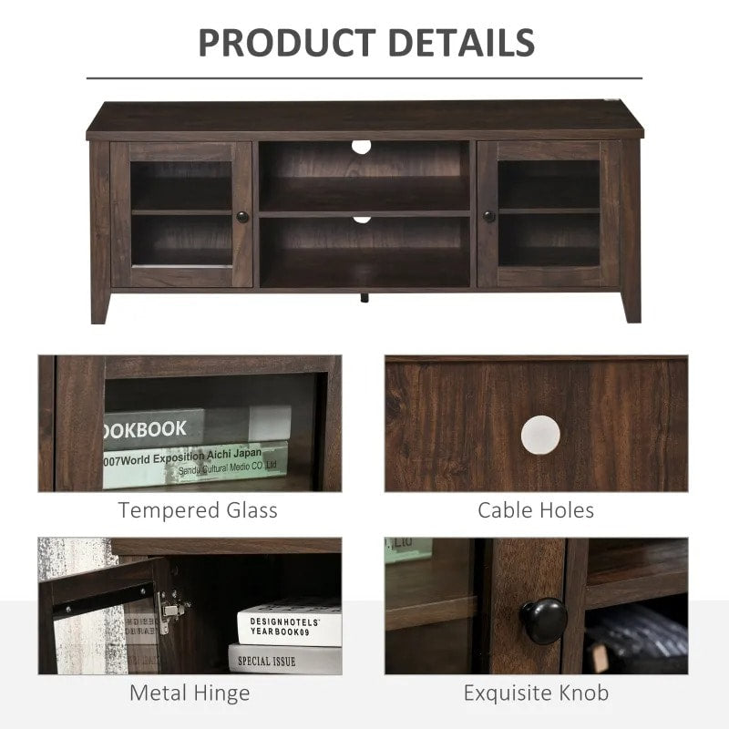 Classic Media TV Cabinet Stand Entertainment Unit w Shelves, Glass Doors, Dark Coffee Brown