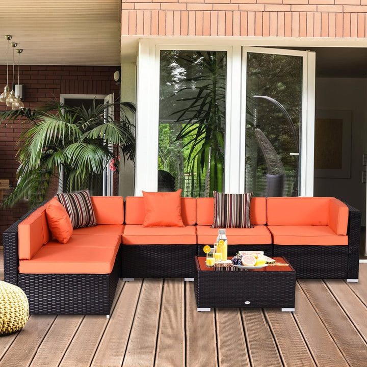 7pc PE Rattan Wicker Sectional Conversation Furniture Set w/ Cushions Deck Patio, Brown, Orange