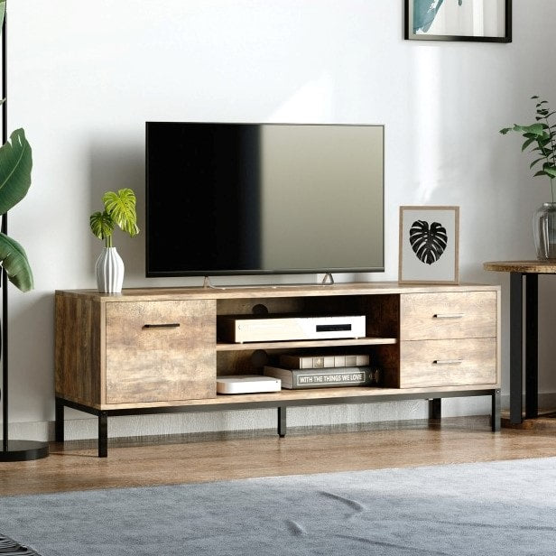 Industrial Style Media Console TV Stand Entertainment Centre w Drawers, Shelves, Cabinet, Brown
