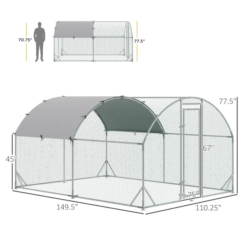 9' x 12.5' x 6.5' Galvanized Walk In Chicken Coop Cage Hen Poultry Fenced Shelter Outdoor Yard