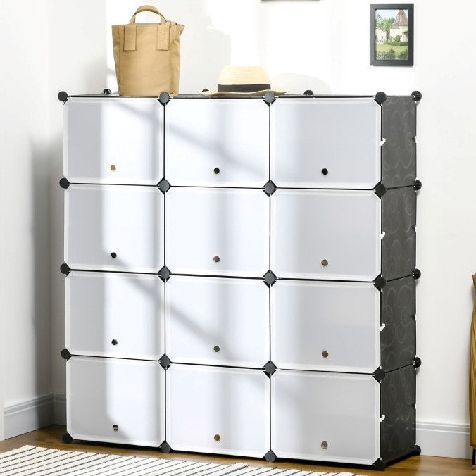 12 Cube Stackable Storage Organizer Shelf Cabinet w Doors for Shoes Clothes Books, Black White