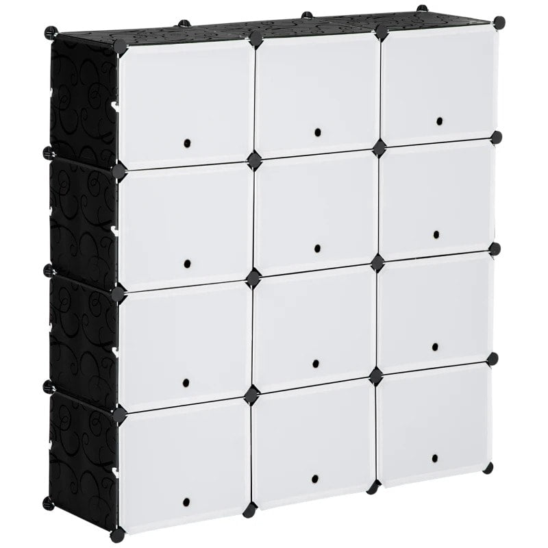 12 Cube Stackable Storage Organizer Shelf Cabinet w Doors for Shoes Clothes Books, Black White