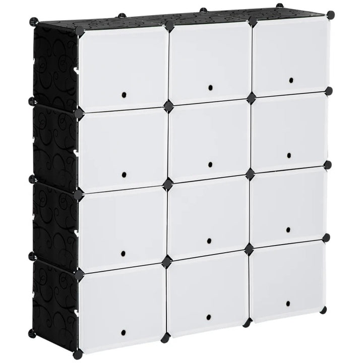 12 Cube Stackable Storage Organizer Shelf Cabinet w Doors for Shoes Clothes Books, Black White