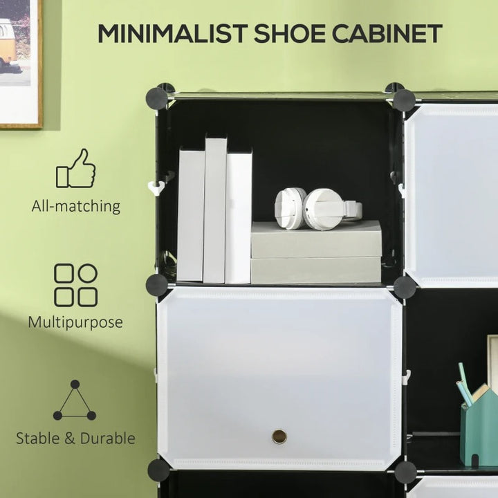 12 Cube Stackable Storage Organizer Shelf Cabinet w Doors for Shoes Clothes Books, Black White