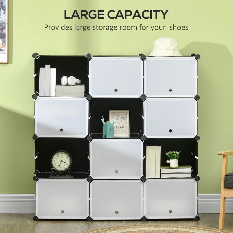 12 Cube Stackable Storage Organizer Shelf Cabinet w Doors for Shoes Clothes Books, Black White