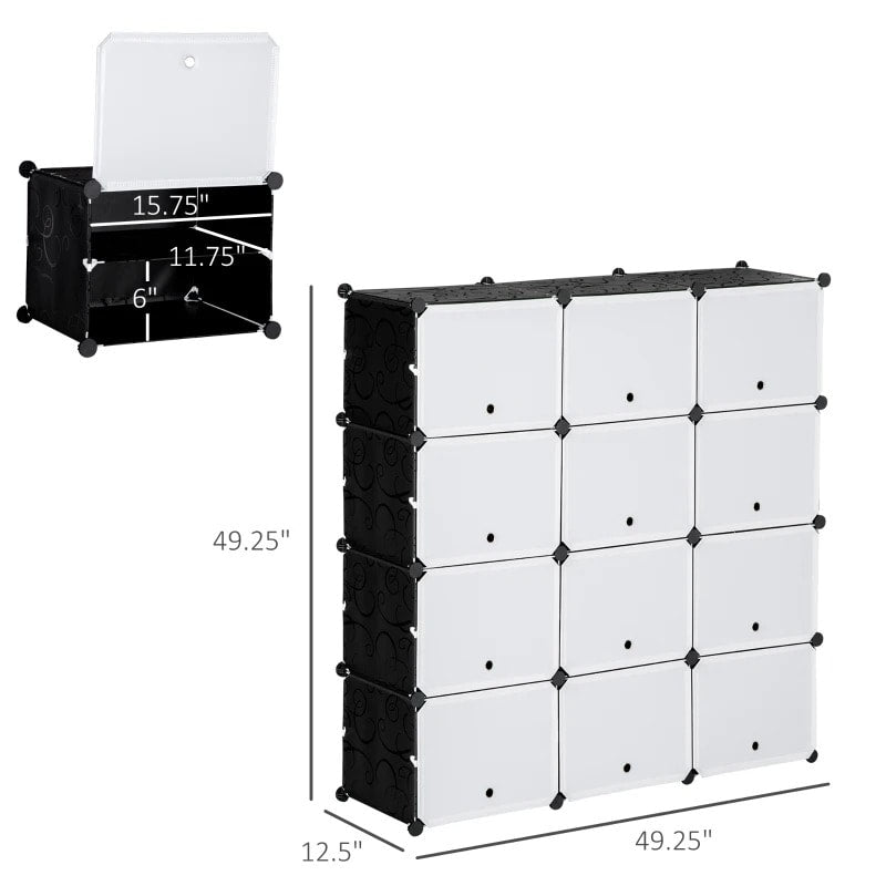 12 Cube Stackable Storage Organizer Shelf Cabinet w Doors for Shoes Clothes Books, Black White