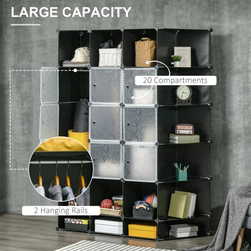 20 Cube Stackable Storage Organizer Shelf Cabinet Wardrobe for Shoes Clothes Books, Black White