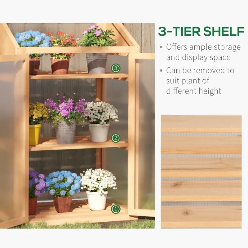 Wooden Cold Frame Greenhouse Raised Planter Bed with Openable Top and Shelves, Wood/Brown