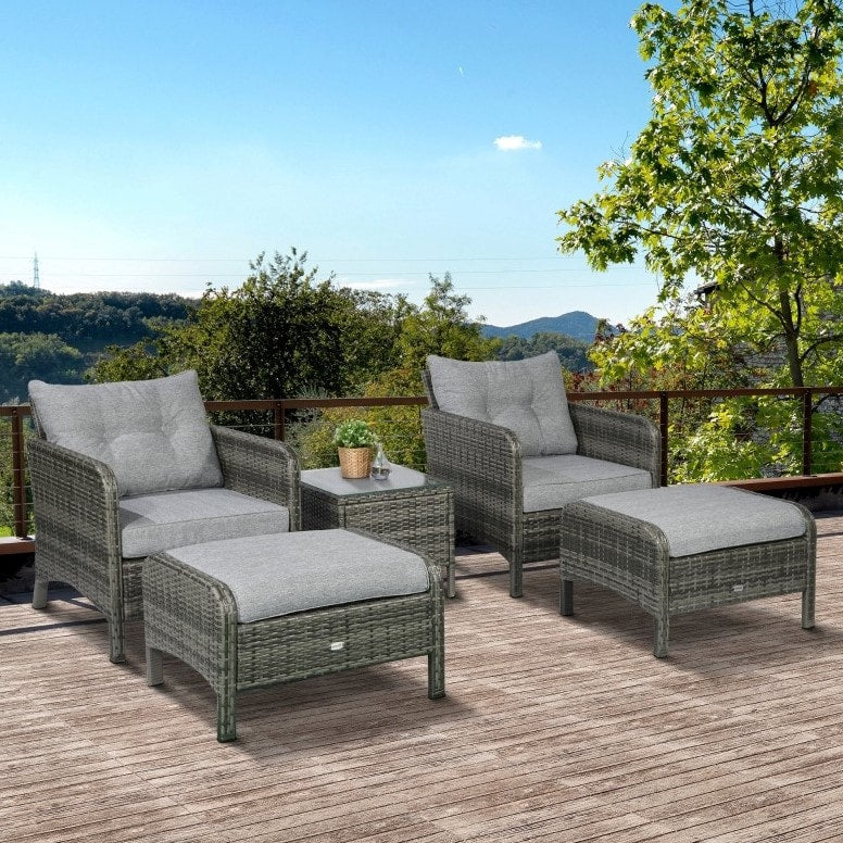 5pc PE Rattan Wicker Outdoor Patio Furniture Set w Armchairs, Cushions, Footstools - Grey