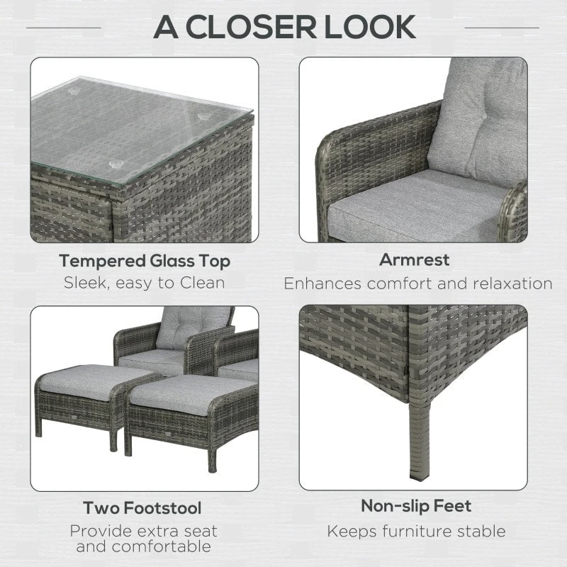 5pc PE Rattan Wicker Outdoor Patio Furniture Set w Armchairs, Cushions, Footstools - Grey