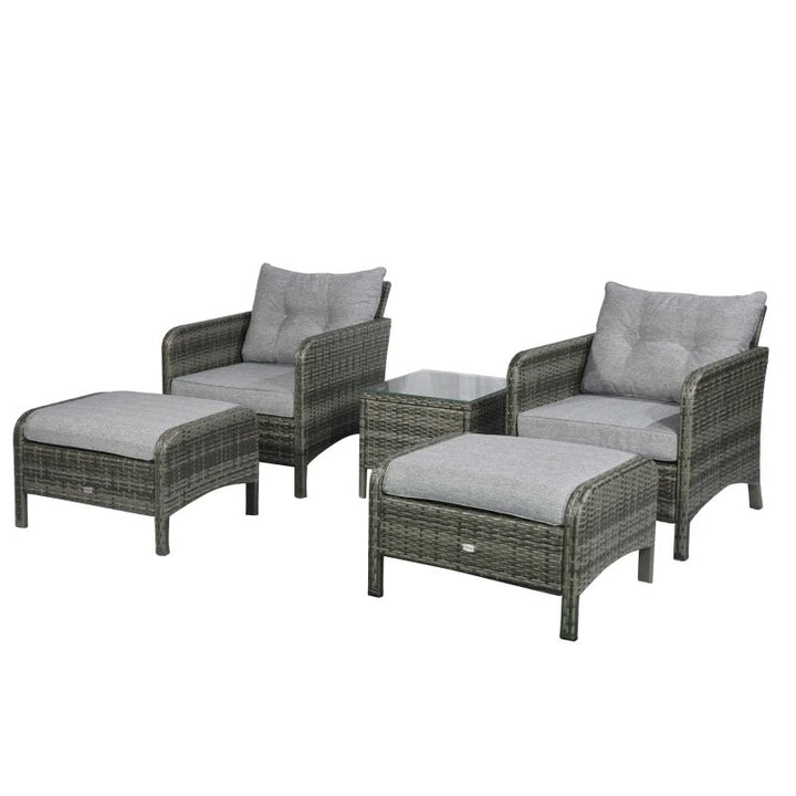 5pc PE Rattan Wicker Outdoor Patio Furniture Set w Armchairs, Cushions, Footstools - Grey