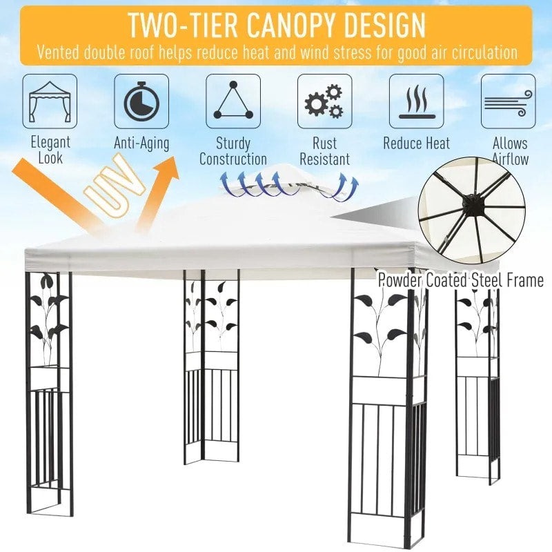 10' x 10' Steel Gazebo Canopy Shelter, Tiered Fabric Roof, Leaf Design, Patio Deck, Cream White