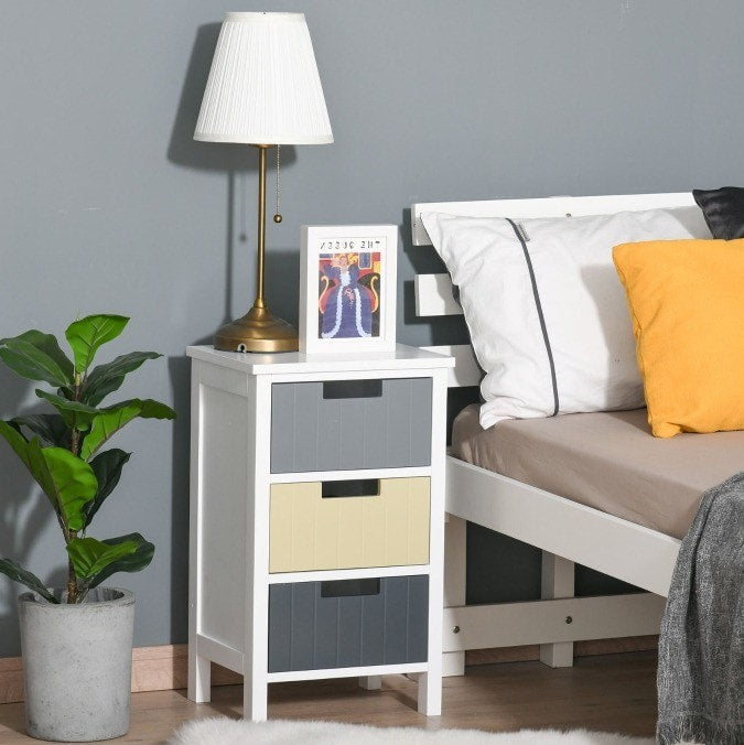 Accent Side End Table Nightstand w 3 Drawers for Dorm Bed Living Room Hall, White w Grey Beige