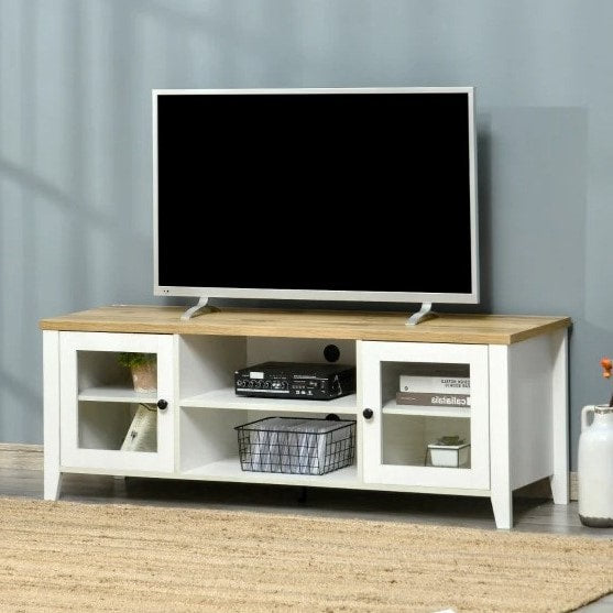Modern Media Console TV Stand Entertainment Centre Unit Shelves Cabinet, White, Oak Wood Colour