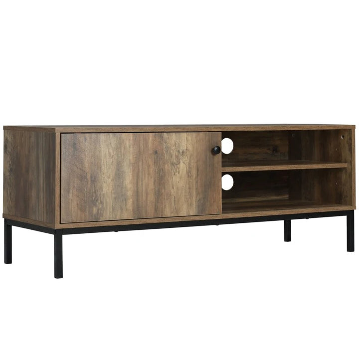 Retro Media Console TV Stand Entertainment Unit Cabinet w Sliding Door, Coffee Brown/Wood Grain