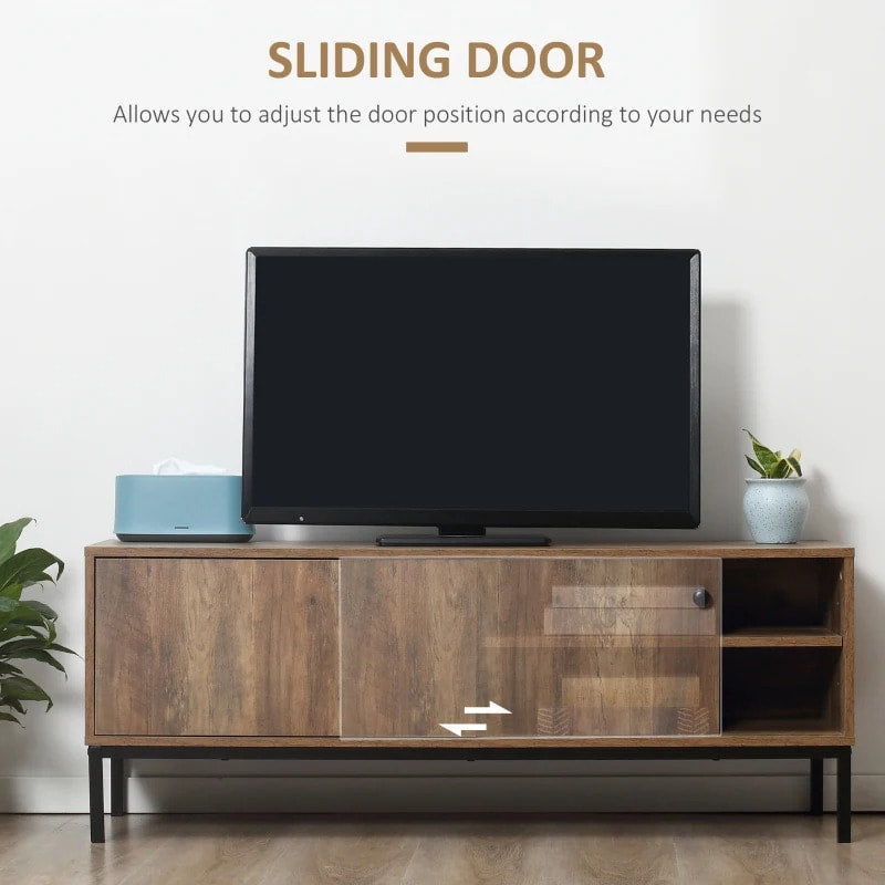Retro Media Console TV Stand Entertainment Unit Cabinet w Sliding Door, Coffee Brown/Wood Grain