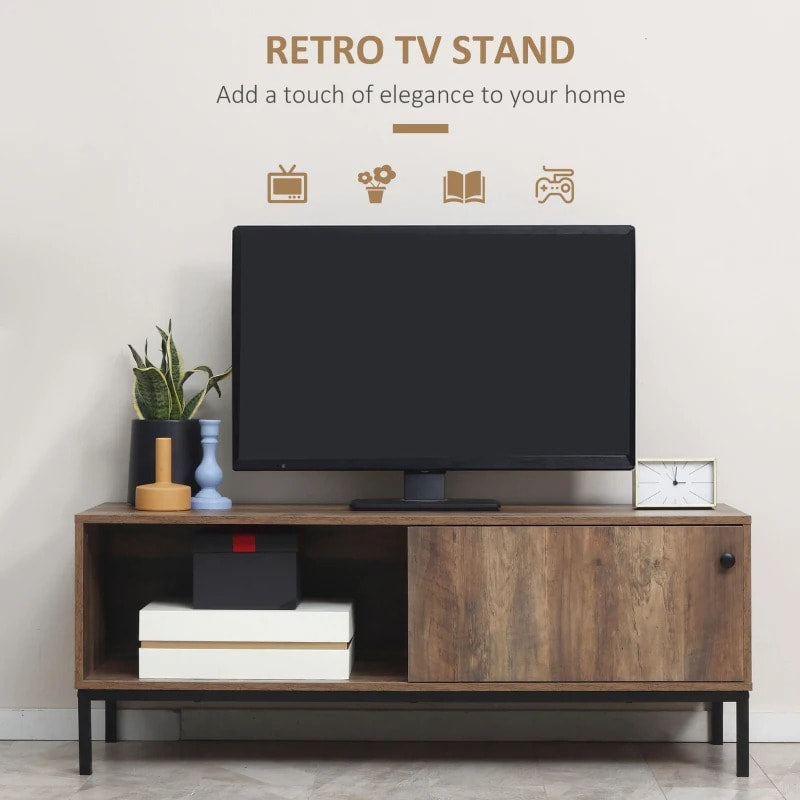 Retro Media Console TV Stand Entertainment Unit Cabinet w Sliding Door, Coffee Brown/Wood Grain