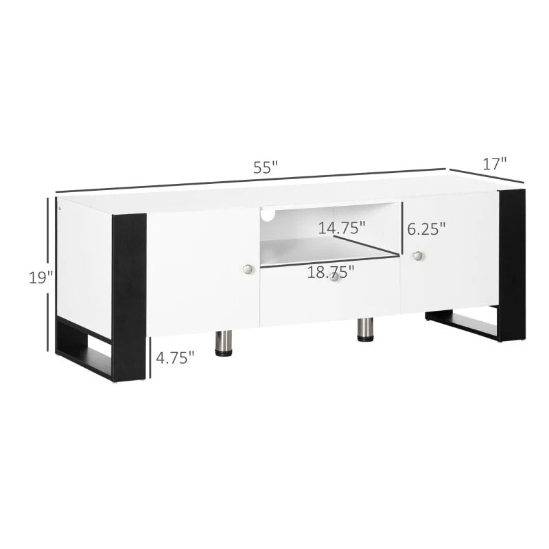 Modern Media Console TV Stand Entertainment Unit Cabinet w Drawers, White w/ Black Accents