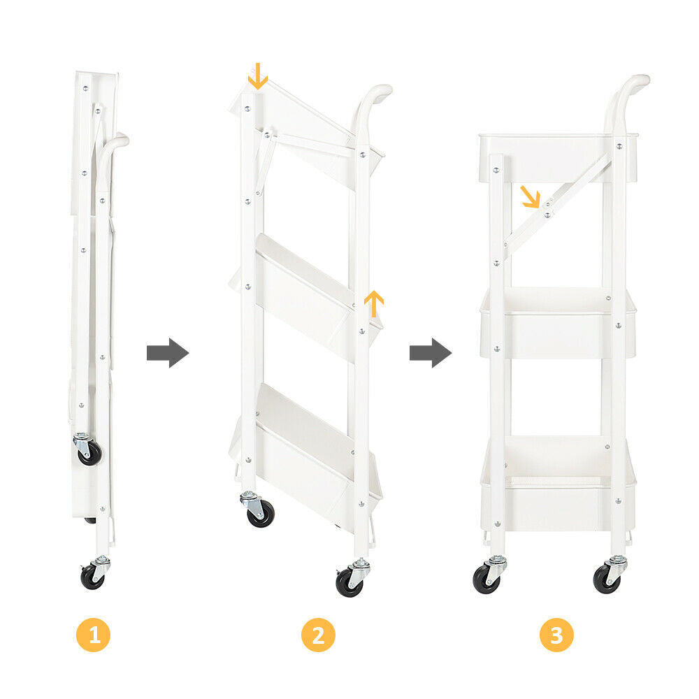 3-Tier Foldable Rolling Cart w/ Multiple Uses - White