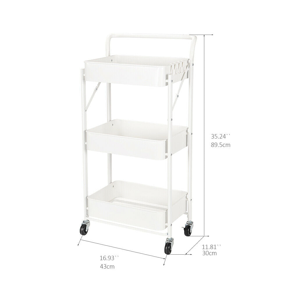 3-Tier Foldable Rolling Cart w/ Multiple Uses - White