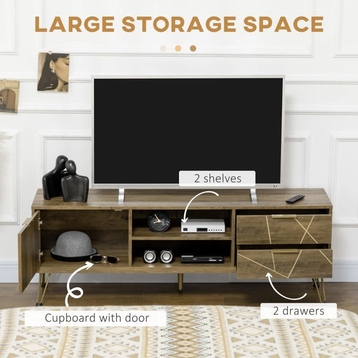 Retro Media Console TV Stand Entertainment Cabinet w Hair Pin Legs, Natural Brown Wood Grain