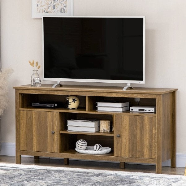 Modern Classic Media Console TV Stand Entertainment Cabinet w Shelves – Walnut Brown Woodgrain