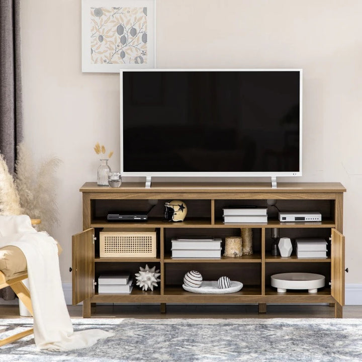 Modern Classic Media Console TV Stand Entertainment Cabinet w Shelves – Walnut Brown Woodgrain