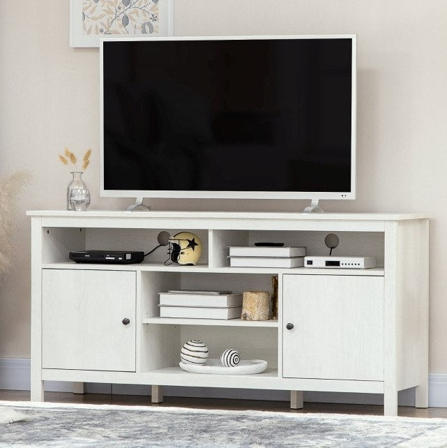 Modern Classic Media Console TV Stand Entertainment Cabinet w Shelves, Doors – White Woodgrain