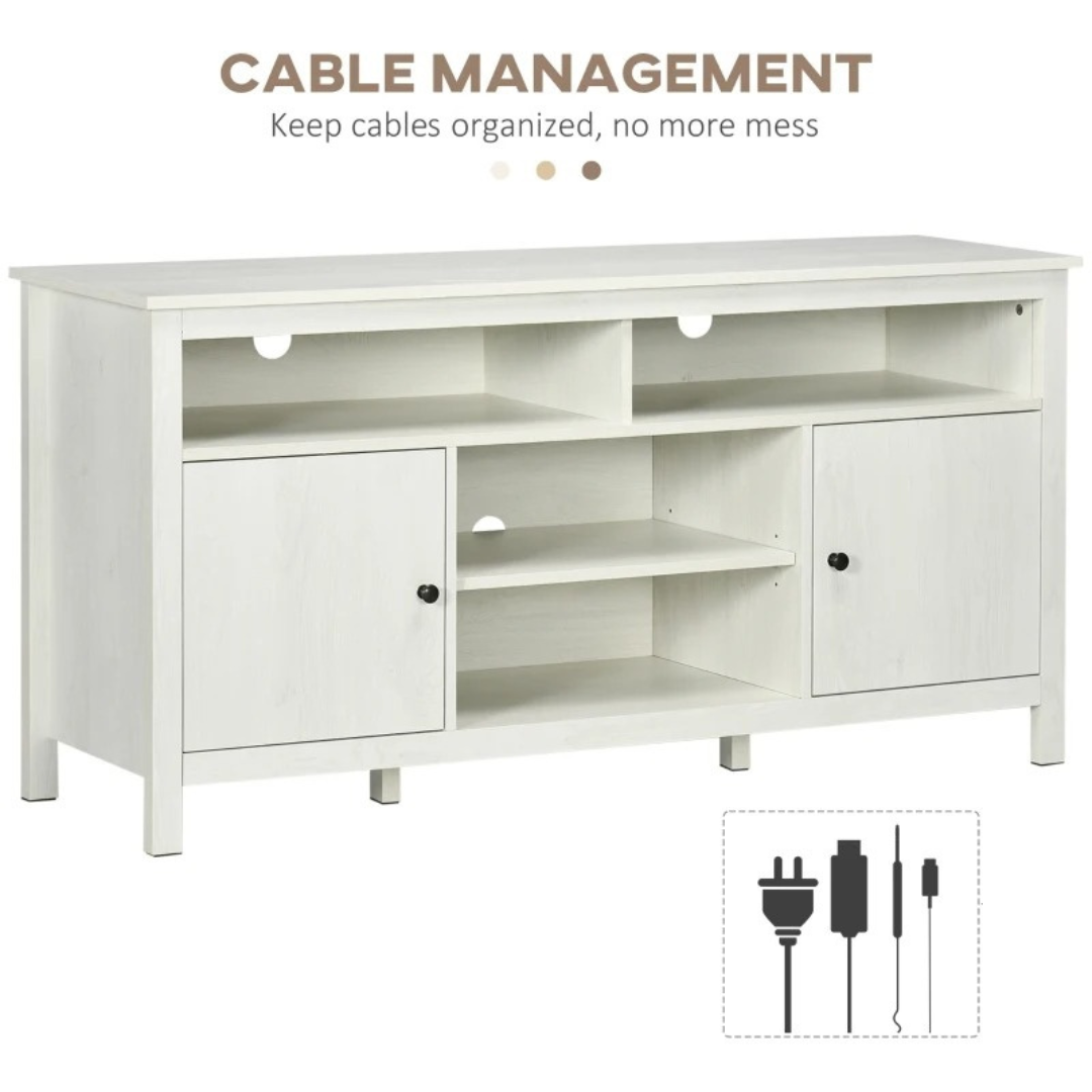 Modern Classic Media Console TV Stand Entertainment Cabinet w Shelves, Doors – White Woodgrain