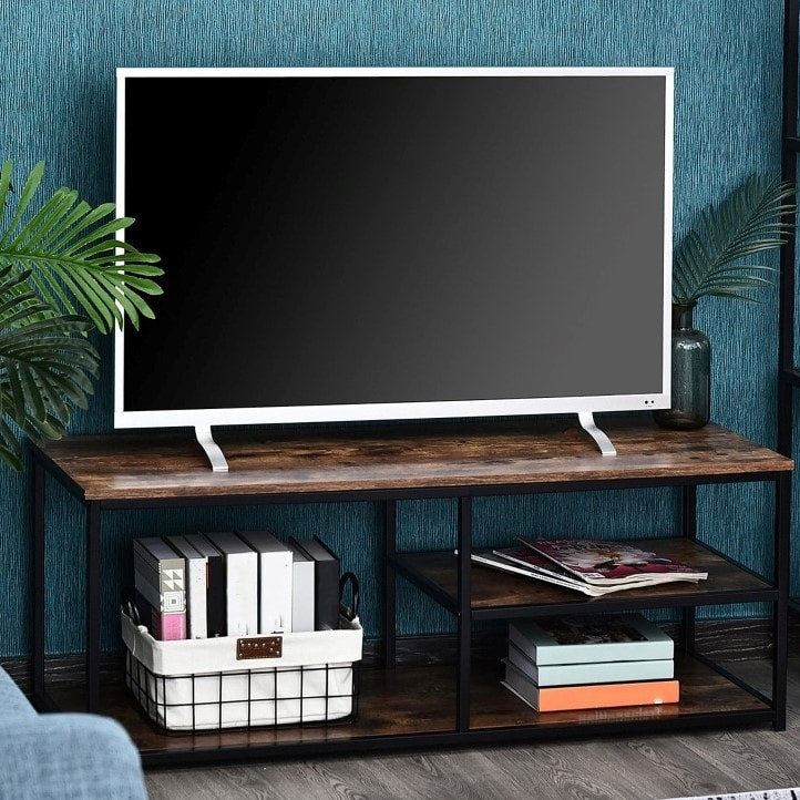 Industrial Media Console TV Stand Entertainment Unit w Open Shelves, Rustic Brown w Black Frame