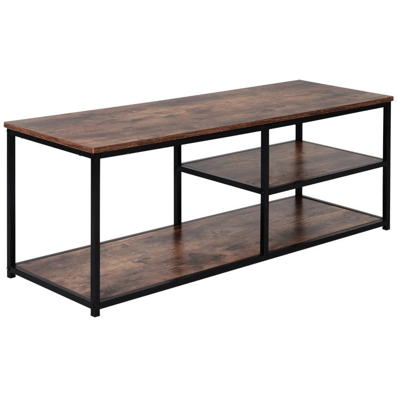 Industrial Media Console TV Stand Entertainment Unit w Open Shelves, Rustic Brown w Black Frame