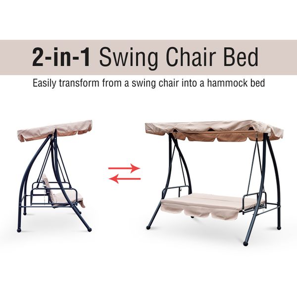 2-in-1 Outdoor 3-Seater Swing / Bed w/ Tilting Canopy for Patio Backyard Garden Deck - Beige