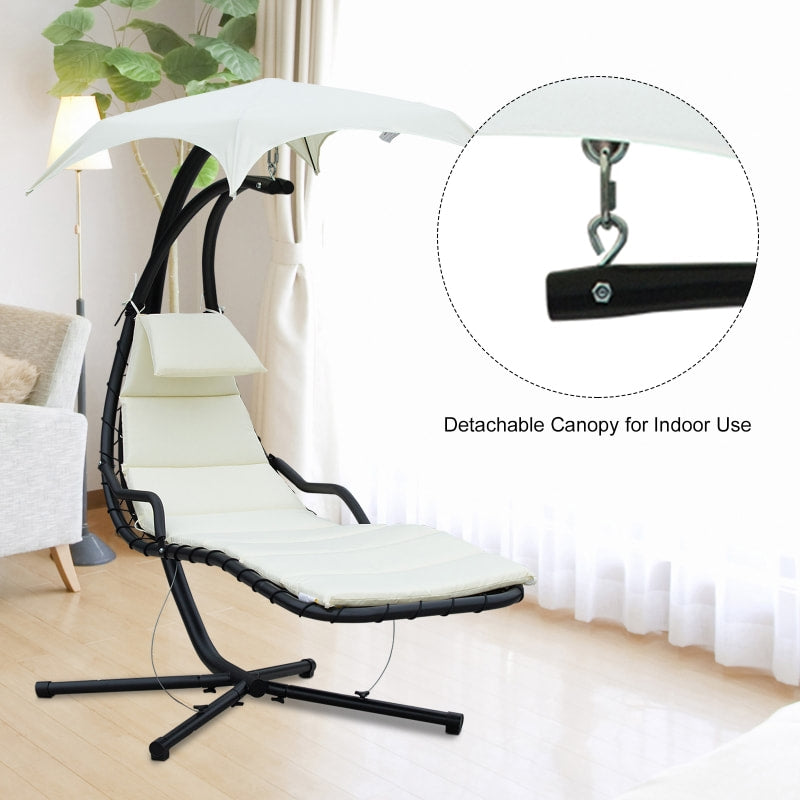 Hanging Padded Swing Hammock Lounge Chaise Chair w Canopy & Stand, Patio Pool Deck, Cream White