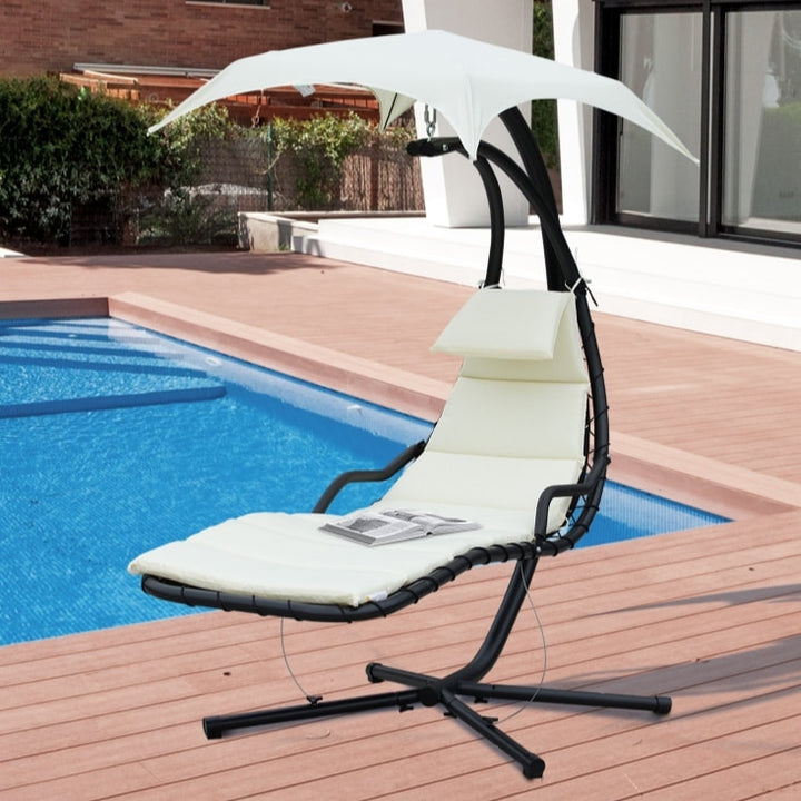 Hanging Padded Swing Hammock Lounge Chaise Chair w Canopy & Stand, Patio Pool Deck, Cream White
