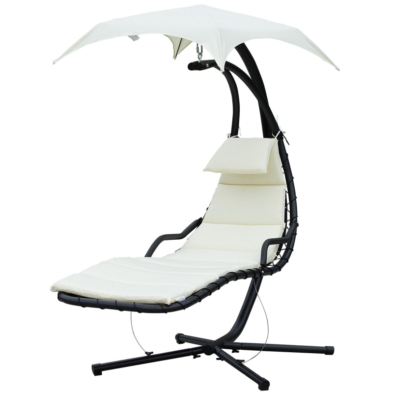 Hanging Padded Swing Hammock Lounge Chaise Chair w Canopy & Stand, Patio Pool Deck, Cream White