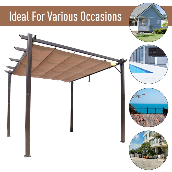 10' x 10' Aluminum Pergola Gazebo Shelter w Retractable Sun Shade Roof, Deck Patio Brown