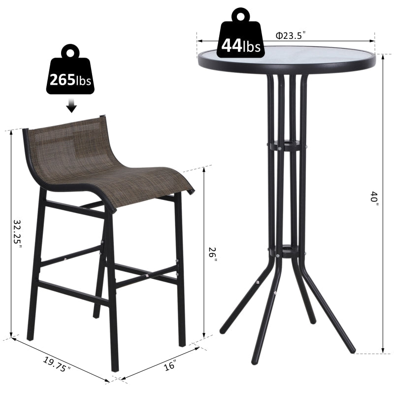 3pc Metal Bistro Pub Set w Bar Stool Chairs Table, Patio Pool Deck Balcony, Black, Brown Mesh