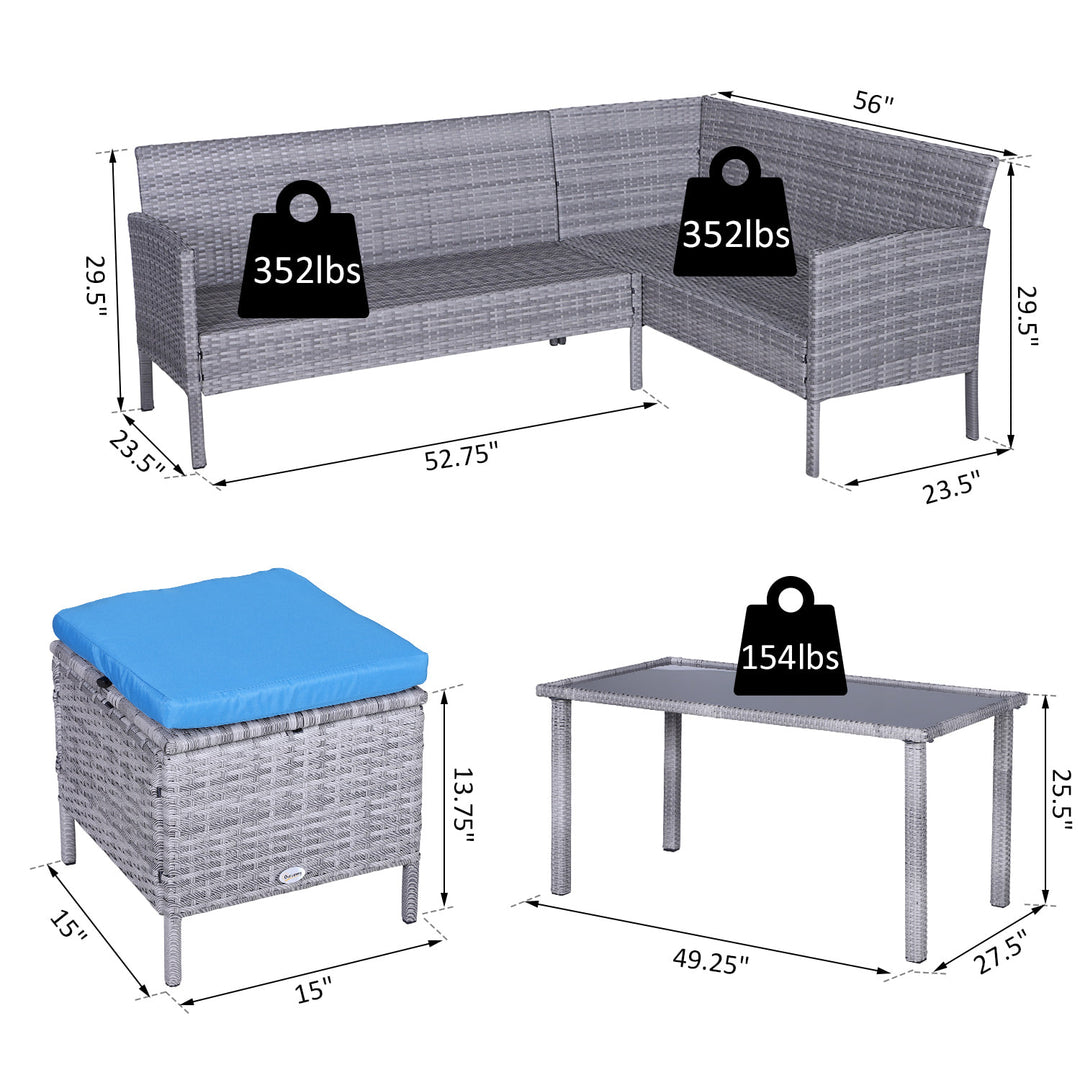 5pc PE Rattan Wicker L-Shape Outdoor Dining Patio Furniture Set w/ Cushions - Grey, Bright Blue