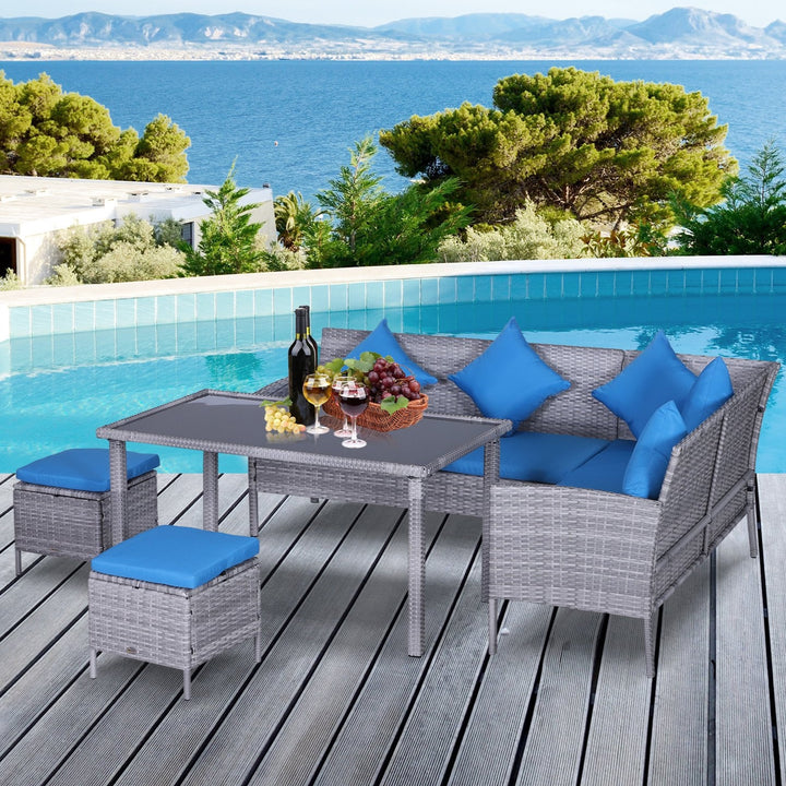 5pc PE Rattan Wicker L-Shape Outdoor Dining Patio Furniture Set w/ Cushions - Grey, Bright Blue