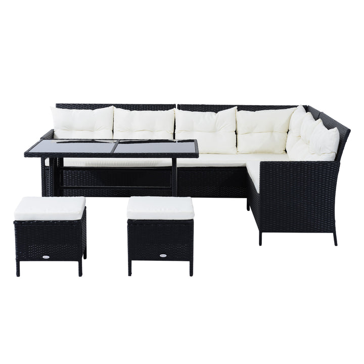 6pc L-Shape PE Rattan Wicker Outdoor Dining Patio Furniture Set w/ Cushions, Black, Cream White