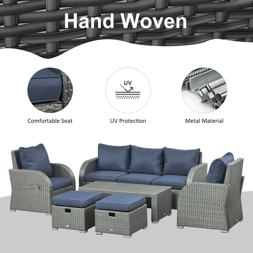 6pc PE Rattan Wicker Compact Conversation Set w/ Recliners for Outdoor Patio – Blue, Grey