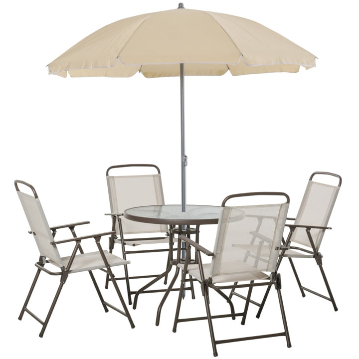 6pc Dining Garden Bistro Set of Table & Chairs w/ Umbrella for Outdoor Patio Deck - Cream Beige