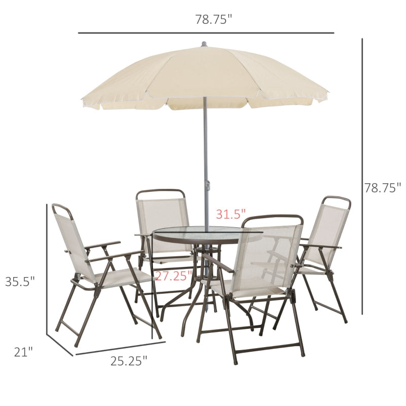 6pc Dining Garden Bistro Set of Table & Chairs w/ Umbrella for Outdoor Patio Deck - Cream Beige