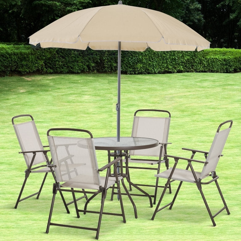6pc Dining Garden Bistro Set of Table & Chairs w/ Umbrella for Outdoor Patio Deck - Cream Beige