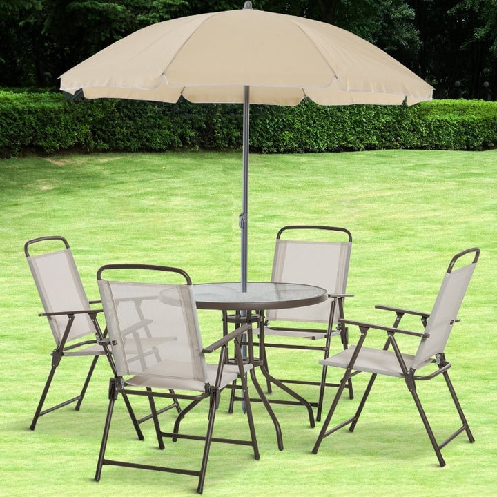 6pc Dining Garden Bistro Set of Table & Chairs w/ Umbrella for Outdoor Patio Deck - Cream Beige