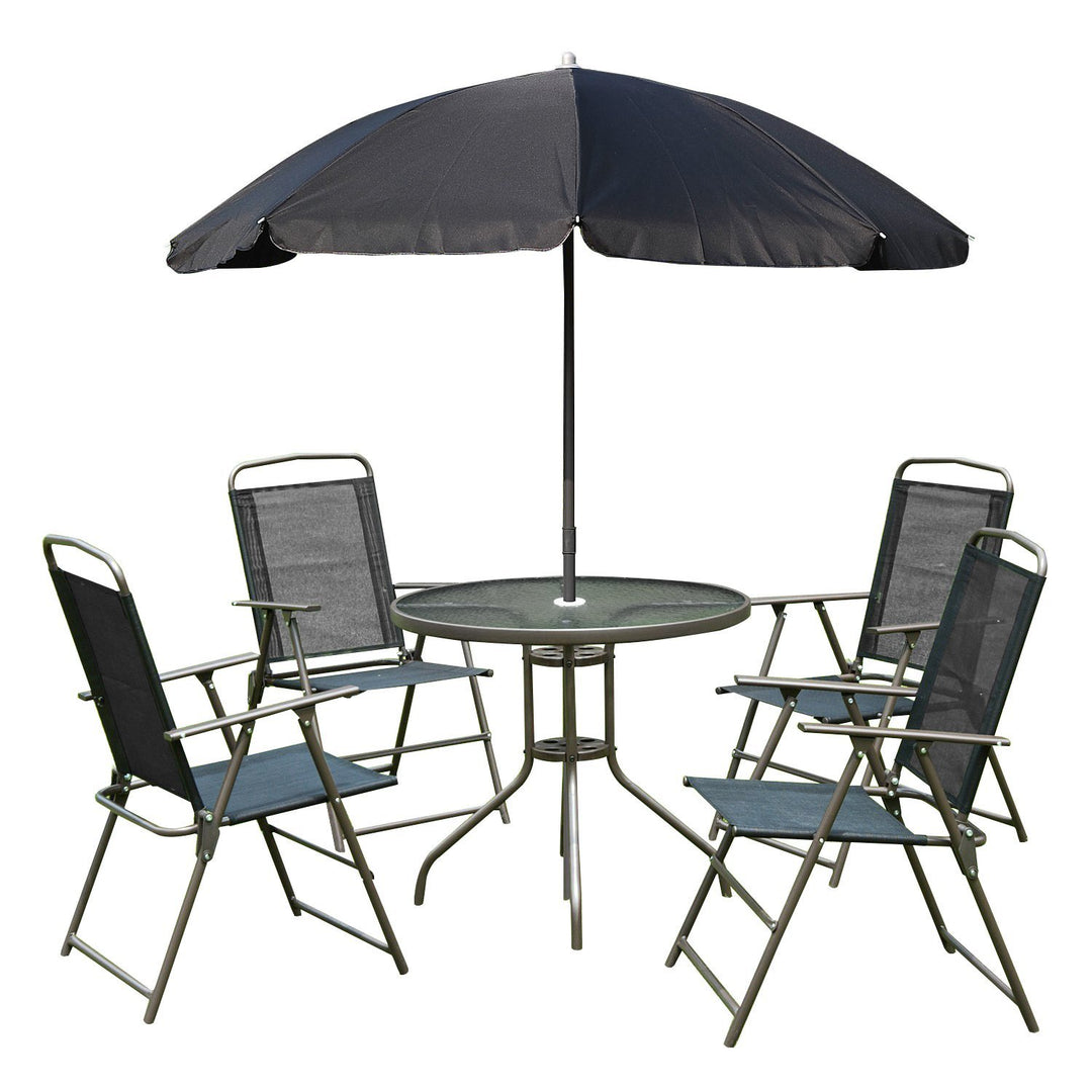 6pc Dining Garden Bistro Set of Table & Chairs w/ Umbrella for Outdoor Patio Deck - Black