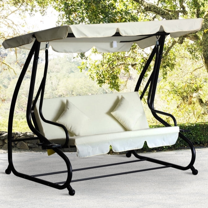 2-in-1 Outdoor 3-Seater Porch Swing / Day Bed w Canopy for Patio Garden Deck - Cream White