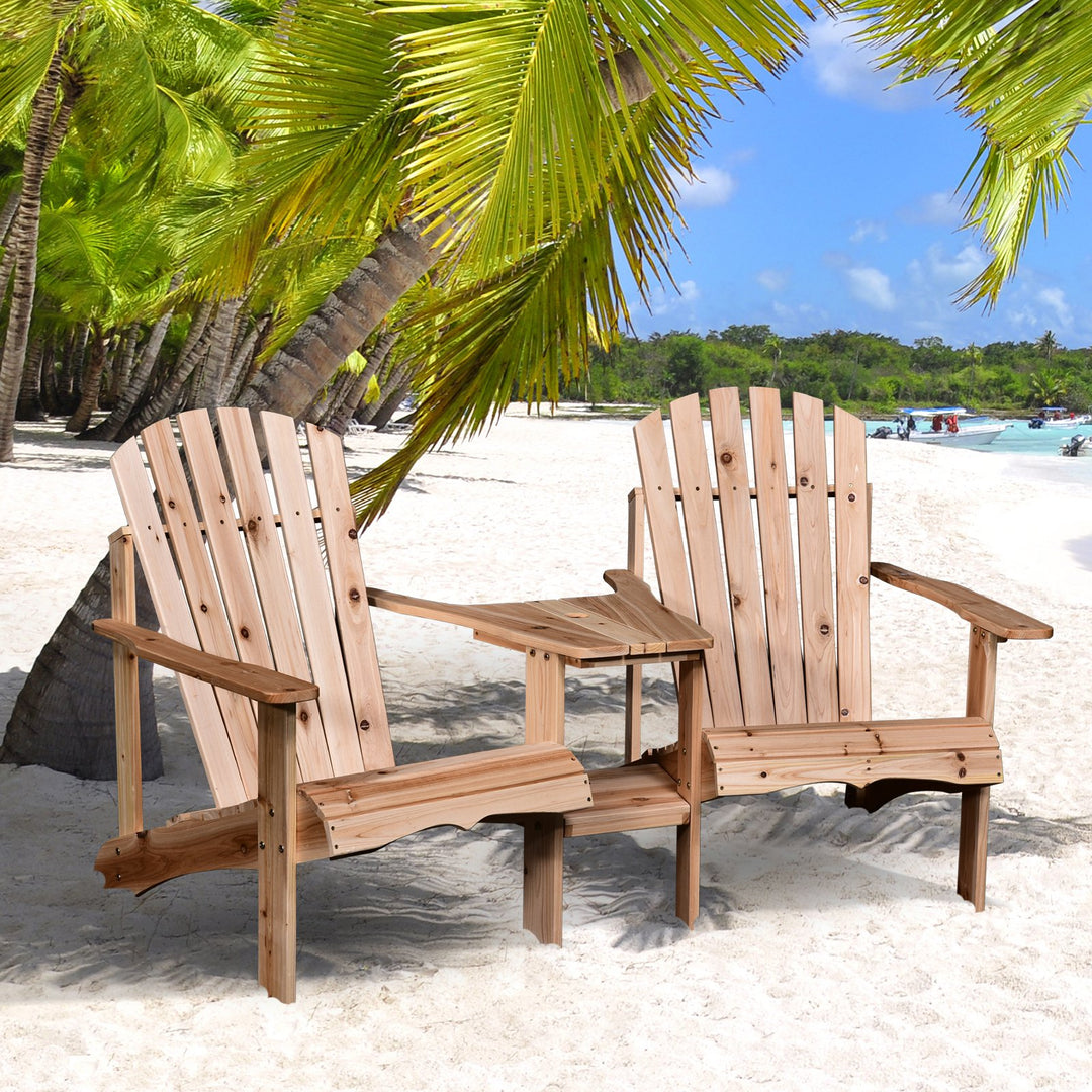2-Seater Adirondack Muskoka Lounge Chair Set w Table, Umbrella Hole Chair for Garden - Fir Wood