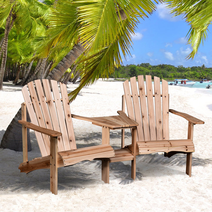 2-Seater Adirondack Muskoka Lounge Chair Set w Table, Umbrella Hole Chair for Garden - Fir Wood