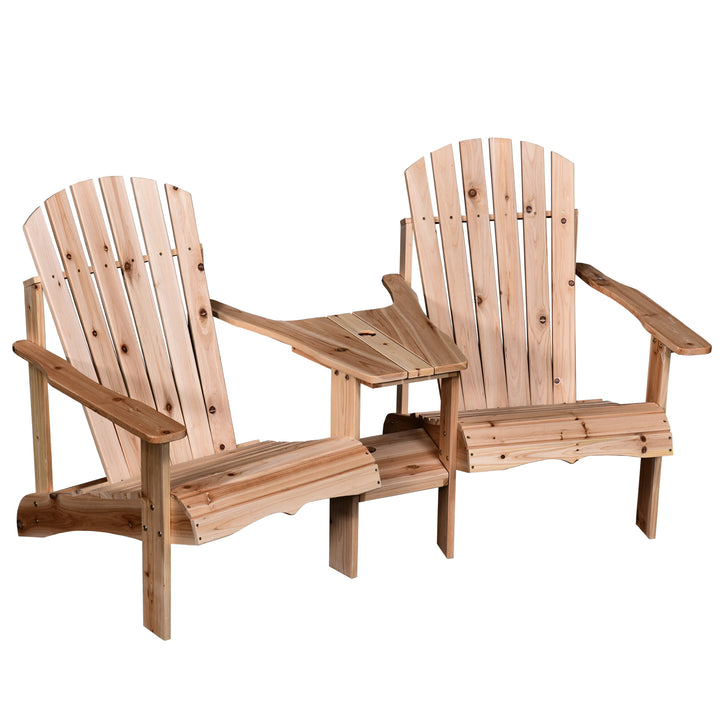 2-Seater Adirondack Muskoka Lounge Chair Set w Table, Umbrella Hole Chair for Garden - Fir Wood